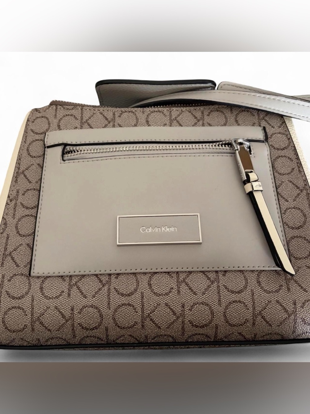 Calvin Klein Crossbody Bag Beige Taupe CK Monogram Logo Cream Pebbled